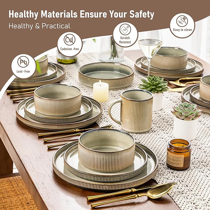 GBHOME 12-Piece Stoneware Dinnerware Set for 4 – Ribbed Ceramic Plates and Bowls, Scratch-Resistant, Microwave & Dishwasher Safe, Reactive Glaze, Mist Green