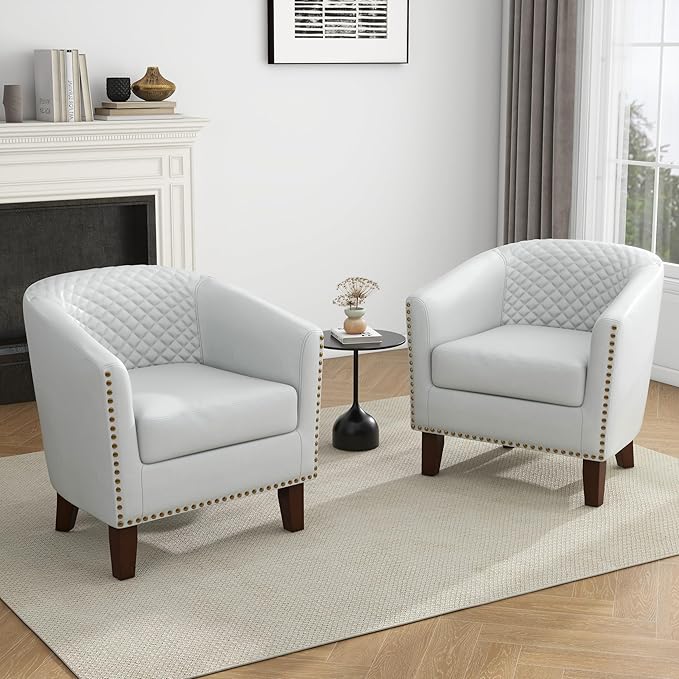 UIXE Faux Leather Barrel Accent Chairs Set of 2, Modern Club Upholstered Arm Chair, Comfy Armchair Nailed Trim Living Room Single Sofa Reading Seat Bedroom Side Sitting for Office, White