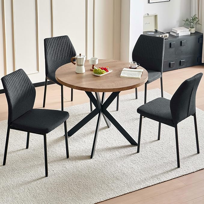 37" Round Dining Table Set for 4, Mid Century Modern Small Coffee Set for Dining Room Kitchen Apartment (Walnut Table + 4 Linen Fabric Black Chairs)