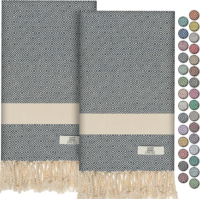 Hand Towels - Set of 2 | 18" x 30" - Decorative Turkish Hand Towel for Bathroom, Kitchen, Guest, Face, Hair, Tea, Dishcloth (Diamond, Blue)