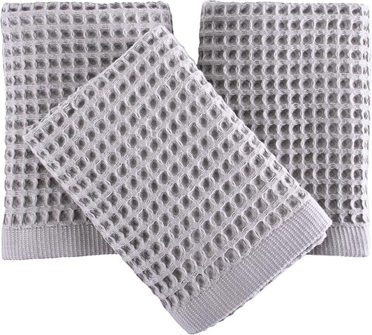 PÜSKÜL Natural 100% Turkish Cotton Waffle Kitchen Towels Set of 3 | Oeko-Tex, Premium Waffle Hand Towels for Bathroom | Soft Absorbent Quick-Dry Lint-Free Dish Towel Large 32x16 inch (3, Gray)