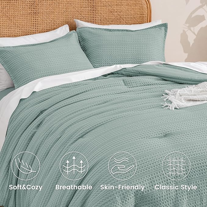 PHF Soft Waffle Comforter Set Twin Size- Comfy Breathable Waffle Weave Comforter with 1 Pillow Shams, 2 Pieces Less Snagging Lightweight Textured Bedding Set for All Season, Dusty Blue