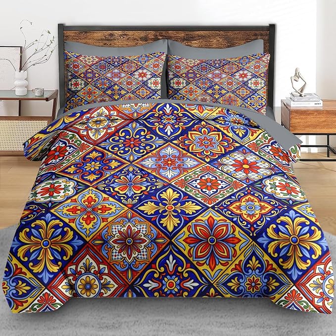 Pamnest Comforter Set Full Size, Mexican Talavera Ceramic 7 Pcs Bedding for Kids and Adults, Italian Spanish Bed Sheet Sets with Fitted Sheet 2 Pillowcases & 2 Shams for Bedroom Bed Decor