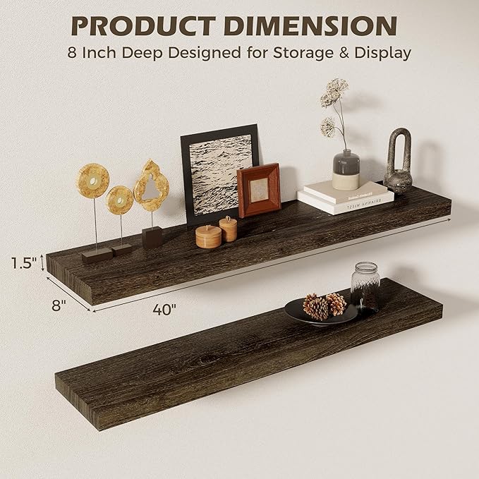 40 Inch Floating Shelves for Wall, 8"D High End Solid Hardwood Shelves for Decor Storage, Rustic Wall Shelves with Invisible Heavy Duty Brackets for Living Room, Kitchen, Bathroom, Walnut, 2 Pack