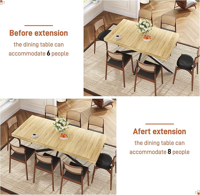 59In-78Inch Extendable Rectangular Dining Table for 6 8 People, Wood Long Dining Room Table W/Removable Leaves,Space Saving,Modern Dinner Table W/Waterproof Tabletop&Metal Legs for Kitchen Living Room