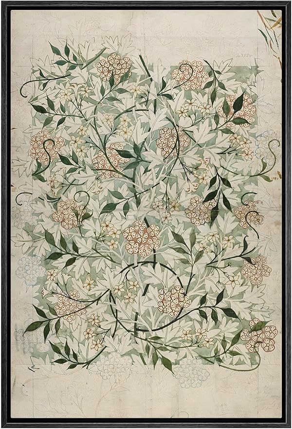 MUDECOR Framed Canvas Print Wall Art Floral Elegance Vintage Botanical White and Peach Flowers Illustrations Realism Decorative Scenic Panoramic Earth for Living Room, Bedroom, Office - 24"x36" Black