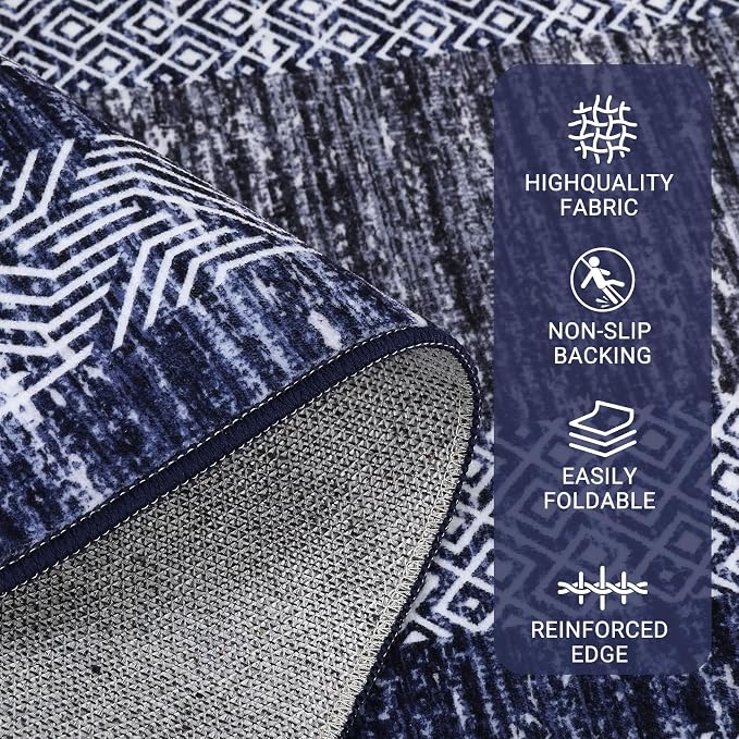 GarveeHome Washable 2.5x10 Kitchen Runner Navy Blue Rug, Easy Clean Geometri Rugs for Hallway Entryway, Indoor Outdoor Non Slip Rug Farmhouse Morden Carpet Door Mat Area Rug for Laundry Room Grey