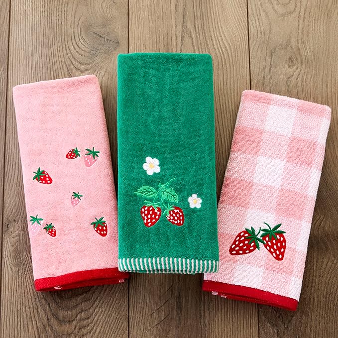 SKL Home Strawberry Toss 100% Cotton Embroidered 2pc Hand Towel Set, Decorative for Bath/Kitchen/Bar & Gift, Pink