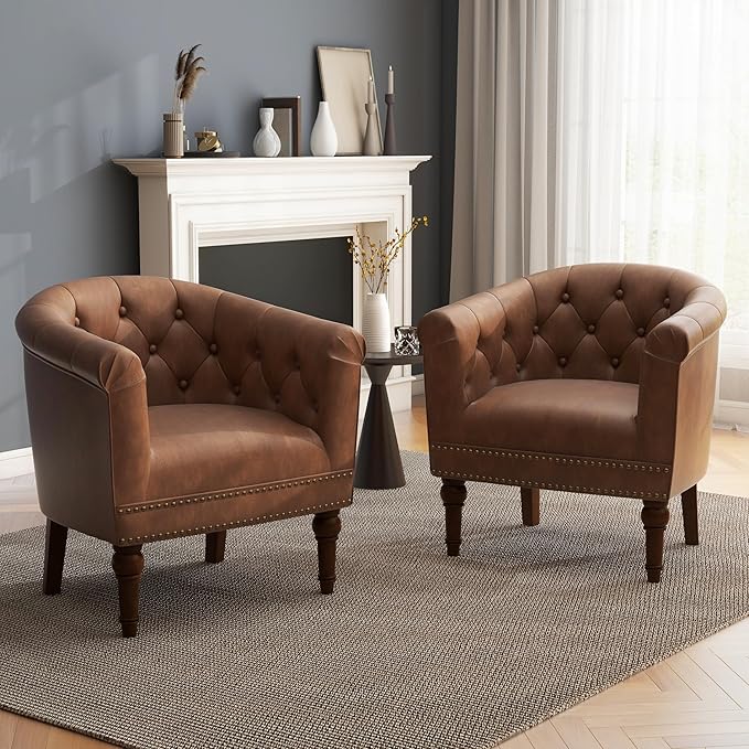 UIXE PU Leather Barrel Club Chairs Set of 2, Modern Arm Accnet Chair Comfy Upholstered Armchair, Nailhead Trim Living Room Single Sofa Reading Seat Bedroom Side Sitting for Office, Brown