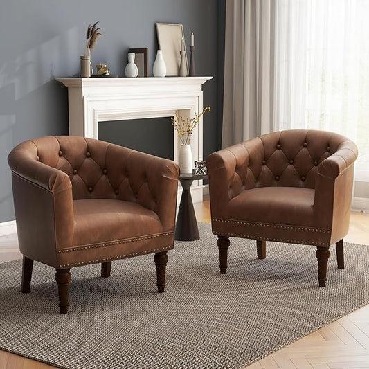 UIXE PU Leather Barrel Club Chairs Set of 2, Modern Arm Accnet Chair Comfy Upholstered Armchair, Nailhead Trim Living Room Single Sofa Reading Seat Bedroom Side Sitting for Office, Brown
