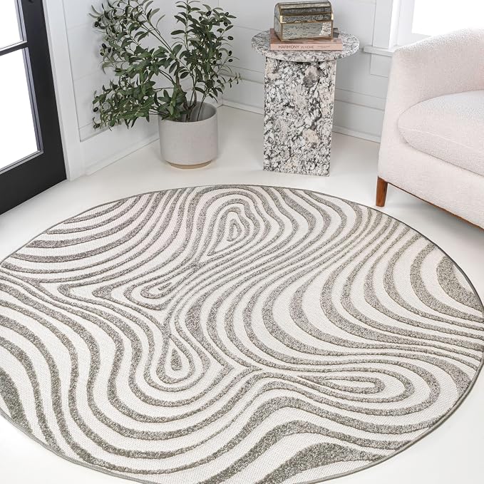 JONATHAN Y Maribo High-Low Abstract Striped Gray/Ivory 5' Round Indoor/Outdoor Area Rug, Pet Friendly, Non-Shedding, Stain Resistant, Easy-Cleaning for Backyard, Patio, Porch (SCN103B-5R)
