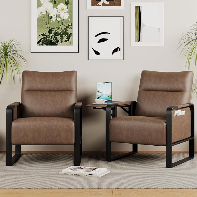 Upholstered Living Room Chair Armchair Set of 2, Mid Century Faux Leather Metal Accent Chair, Reception Couch Office Guest Chair Slipper Club Lounge Single Sofa with Sidetable for Bedroom-Brown