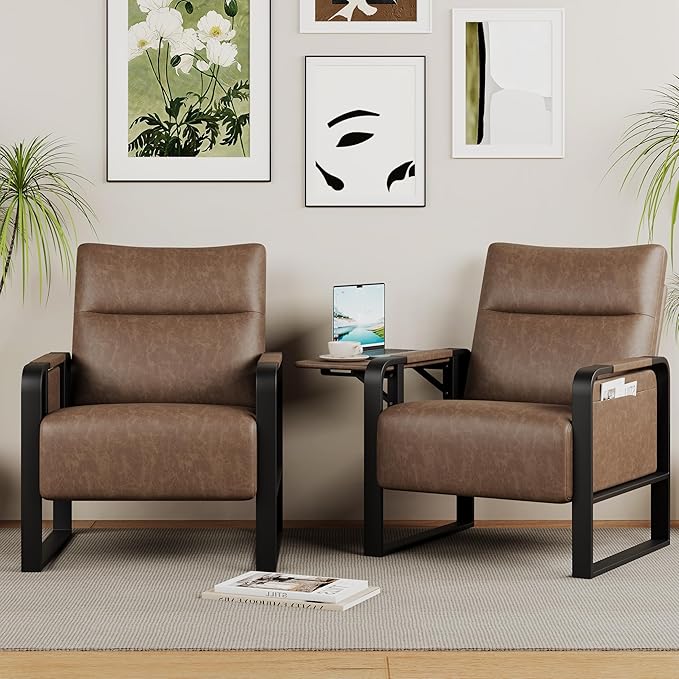 Alunaune Upholstered Living Room Chair Armchair, Mid Century Faux Leather Metal Accent Chair, Reception Couch Office Guest Chair Slipper Club Lounge Single Sofa with Sidetable for Bedroom-Brown