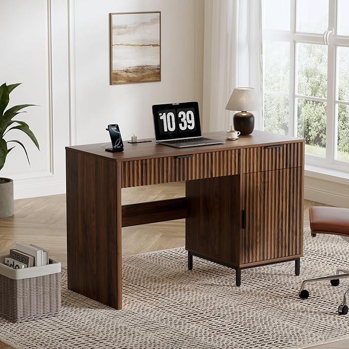 47" Office Desk with Fluted Drawers, Wooden Home Exectuive Desk with Storage Cabinet, Charging Station, Metal Legs Modern Farmhouse Computer Desk for Work, Study, Brown