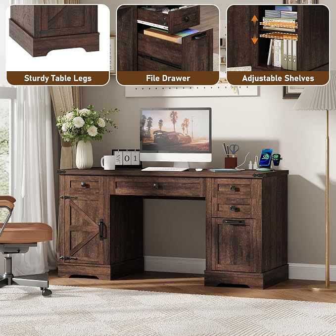 Squireewo 58'' Farmhouse Home Office Desk with Drawers, Wooden Executive Desk with Charging Station, File Drawers and Storage Cabinet, Computer Desk for Work, Study and Writing, Brown