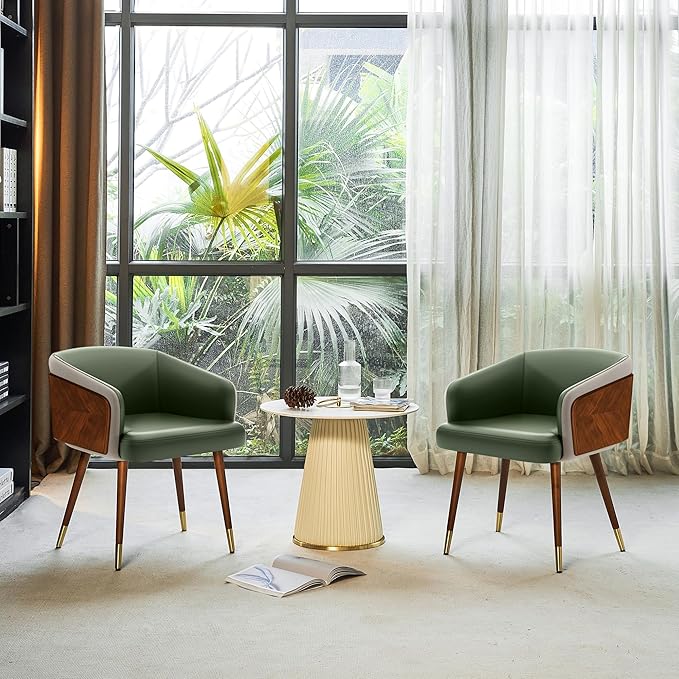 ARTPLAN Modern Upholsted Accent Dining Chairs,Mid-Century Faux Leather with Walnut for Kitchen,Office Waiting Room Arm Sitting Chair, Beech Legs Dissassembly Adjustable Feet,Avocado