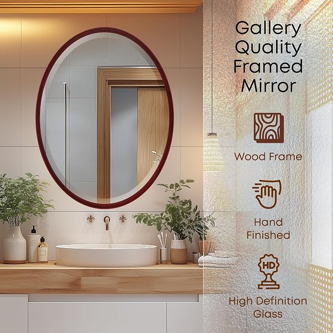 OVALCREST - Oval Wooden Beveled Wall Mirror for Home Decor, Bathroom, Vanity, Bedroom, Living Room, Hallway - London Style (Black Cherry) 37.1 x 25.1