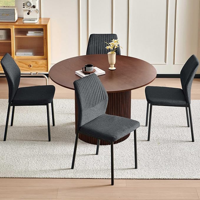 Dining Table Set for 4, 47" Wooden Round Kitchen Table with Linen Fabric Chairs for Kitchen Room and Small Spaces(Walnut Table + 4 Black Chairs)