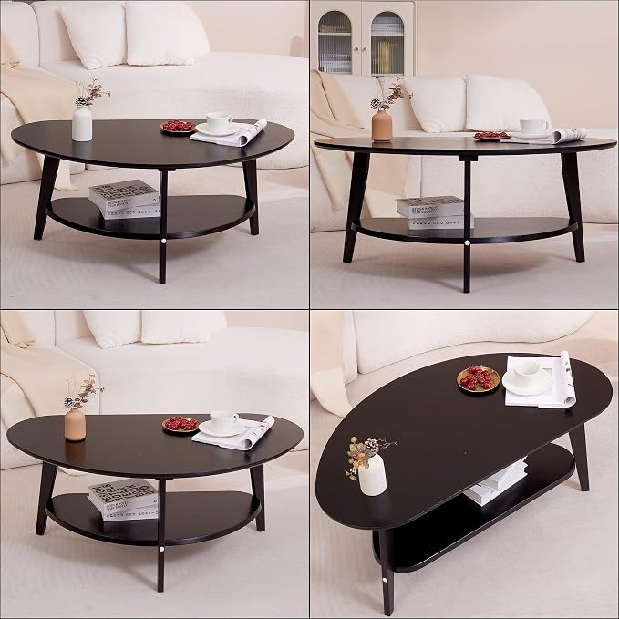 NAVREX Mid Century Modern Coffee Table, Oval Coffee Tables with Storage for Living Room, 2 Tier Solid Wood Center Table, Black Coffe Tables, Value Lies in Material, Easy Assembly, 40.2"*22"
