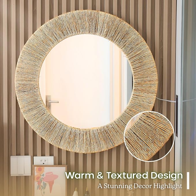 Chi An Home 24 Inch Natural Jute Mirror, Wall Mounted Round Mirror with Metal Frame, Wall Decor Rustic Farmhouse Boho Decor Accent for Bathroom, Bedroom, Living Room, or Entryway