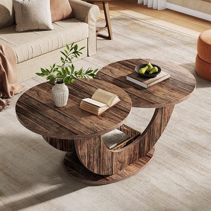 Tribesigns 46-inch Round Coffee Table, Modern Living Room Coffee Table with Funky U-Shaped Frame, Low Accent Center Tea Table for Home, Apartment, Rustic Brown