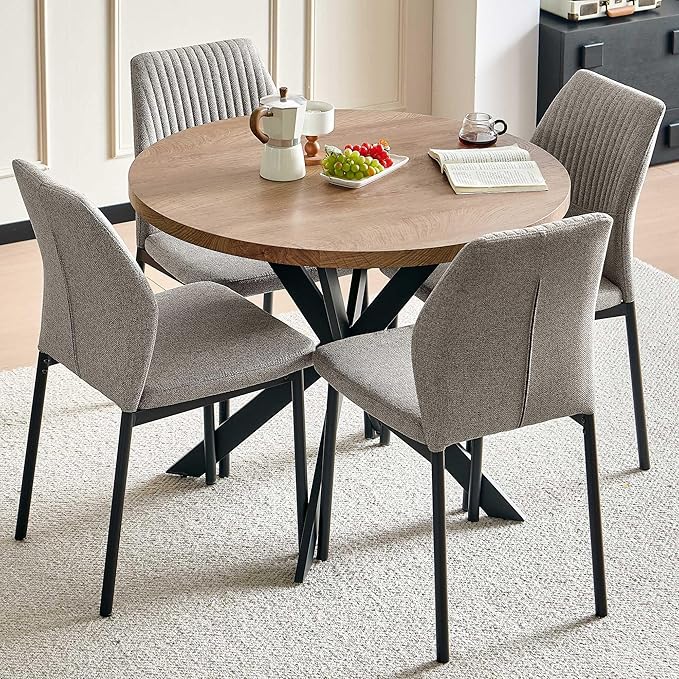 37" Round Dining Table Set for 4, Mid Century Modern Small Coffee Set for Dining Room Kitchen Apartment (Walnut Table + 4 Linen Fabric Light Brown Chairs)