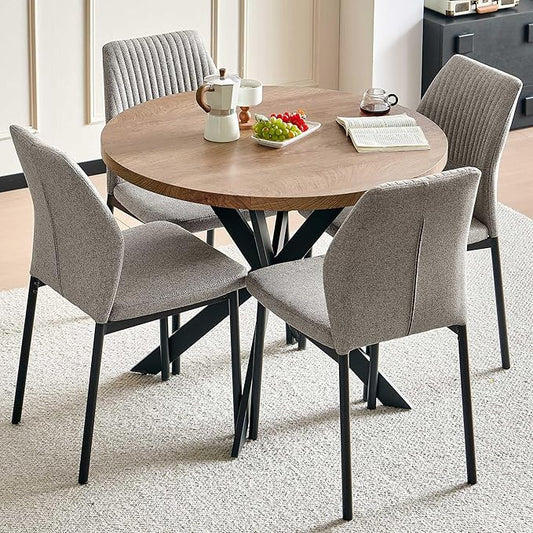 37" Round Dining Table Set for 4, Mid Century Modern Small Coffee Set for Dining Room Kitchen Apartment (Walnut Table + 4 Linen Fabric Light Brown Chairs)
