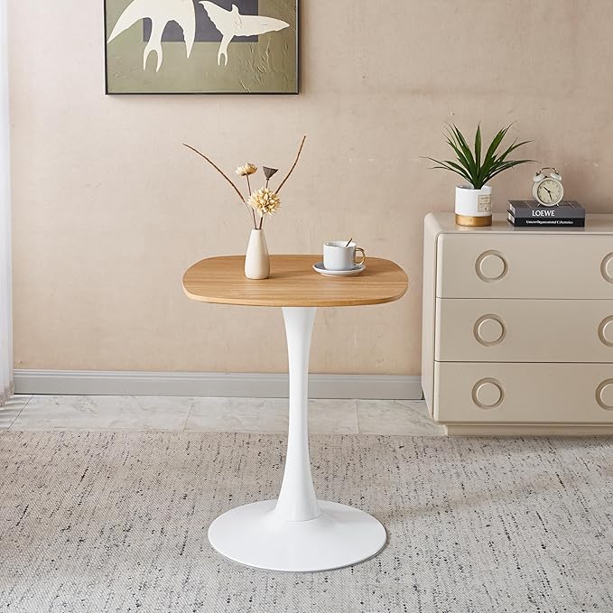 23.62 inches Square Dining Table for 2, Special Natural Kitchen Table with Tulip Shape & Metal Pedestal Base, Mid Century Modern Bistro Tulip Table for Bar, Small Space, Cafe