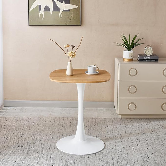 23.62 inches Square Dining Table for 2, Special Natural Kitchen Table with Tulip Shape & Metal Pedestal Base, Mid Century Modern Bistro Tulip Table for Bar, Small Space, Cafe