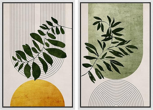 IDEA4WALL Framed Canvas Print Wall Art Set Mid-Century Geometric Forest Plant Leaf Nature Wilderness Illustrations Modern Art Rustic Decorative for Living Room, Bedroom, Office - 24"x36"x2 White