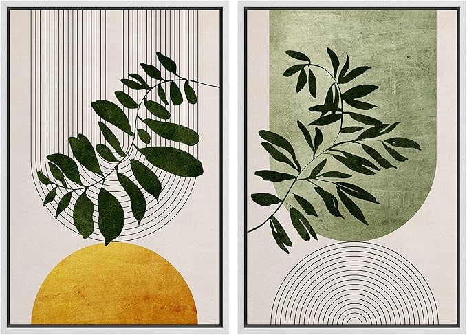 IDEA4WALL Framed Canvas Print Wall Art Set Mid-Century Geometric Forest Plant Leaf Nature Wilderness Illustrations Modern Art Rustic Decorative for Living Room, Bedroom, Office - 16"x24"x2 White