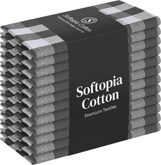 Gingham Checked Kitchen Towels 12 Pack, 18"x26", 100% Cotton, Absorbent Dish Towel for Kitchen Drying, Reusable Dishcloths Set for Cleaning, Quick Dry Wash Rags - Grey, White