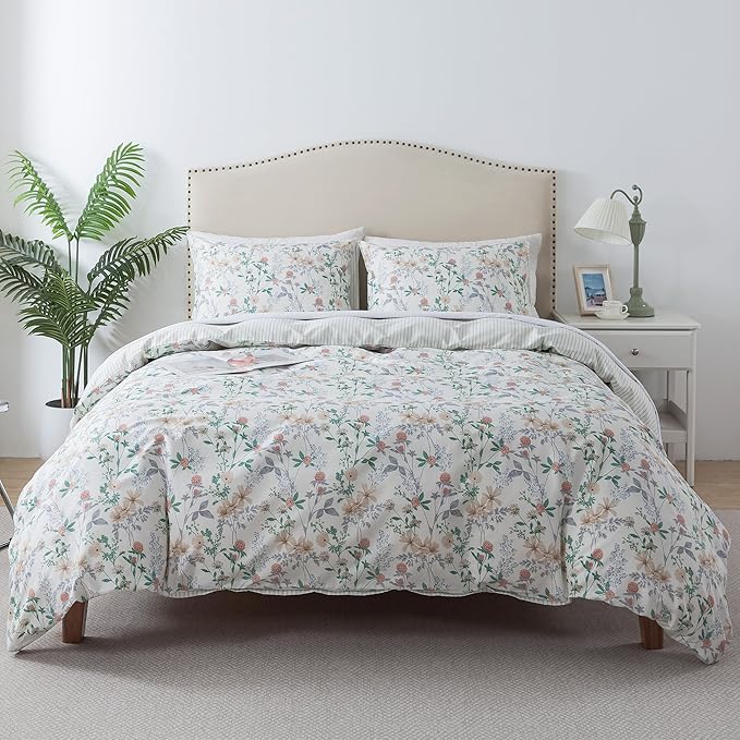 HoneiLife Duvet Dover Queen Size - 100% Cotton Comforter Cover, Breathable Bedlinen for Set for Queen Beds, 3-PC Wildflower Comforter Cover Sets,Desert Rose