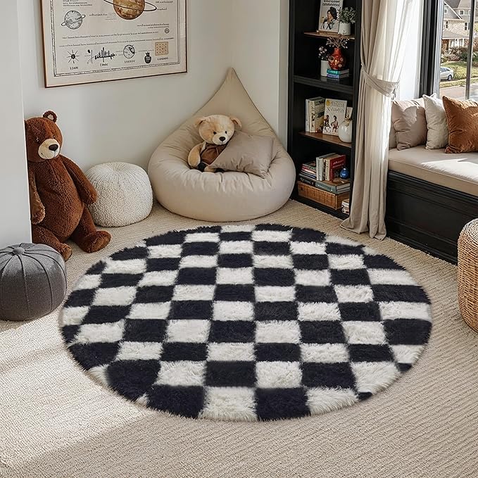 Checkered Rug 4x4 for Living Room, Black and White Modern Shag Super Soft Washable Fluffy Rugs Indoor Fuzzy Carpet for Bedroom Home Dorm Aesthetic Decor