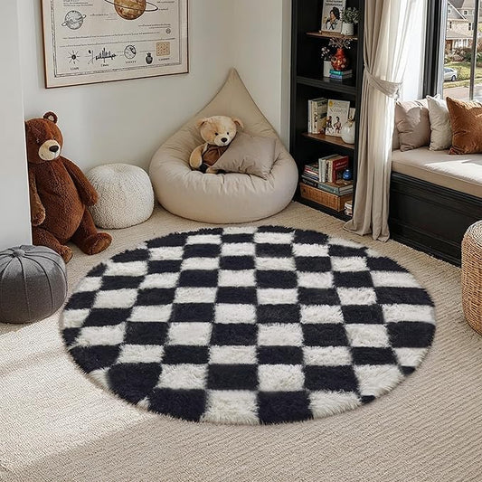 Checkered Rug 4x4 for Living Room, Black and White Modern Shag Super Soft Washable Fluffy Rugs Indoor Fuzzy Carpet for Bedroom Home Dorm Aesthetic Decor