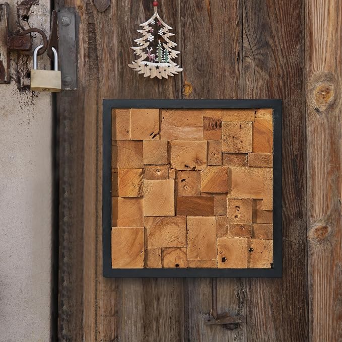 Warmaxx Rustic Teak Wood Framed Wall Decor Aesthetic 17''x17 Farmhouse Geometric Block Wall Art Christmas Decoration Home Living Room Bedroom Office Handmade Square Wooden Slatted Collage