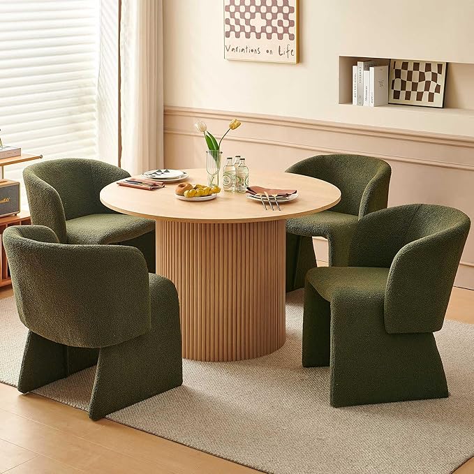 NORDICANA 5-Piece Round Dining Table Set for 4, Rustic 47-Inch Kitchen Table and Chair Set, Dining Set with Dark Green Upholstered Armchairs, Manufactured Wood Top with Oak Veneer