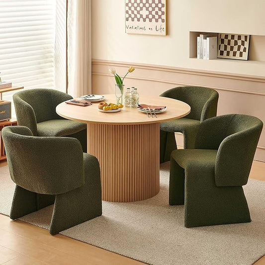 NORDICANA 5-Piece Round Dining Table Set for 4, Rustic 47-Inch Kitchen Table and Chair Set, Dining Set with Dark Green Upholstered Armchairs, Manufactured Wood Top with Oak Veneer
