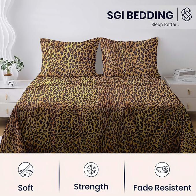 SGI Split King Sheet Set for Adjustable Bed Egyptian Premium Cotton 600 Thread Count Sheets for Sleep Number Bed 15" Deep Pocket 5 Pc Set with 2 Twin XL Fitted Sheets Soft Breathable -Leopard Print