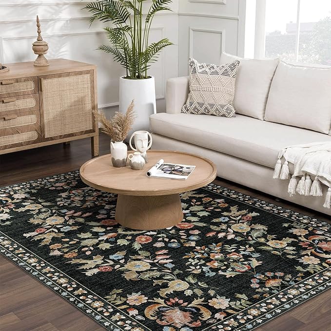 MUJOO Black Rug Washable,Floral 4x6.5 Area Rugs for Bedroom Bedside Living Room,Large Boho Indoor Floor Rug Non Slip Throw Carpet Low Pile Vintage