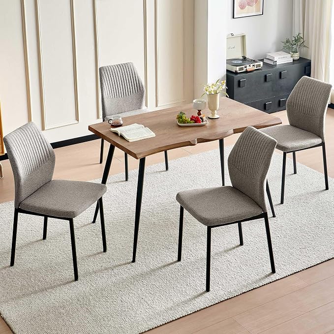 Dining Table Set for 4, Modern Wood Irregular Rectangle Dining Table, Linen Fabric Dining Chairs 4,Table and Chairs Set of 4 for Kitchen Dining Room, Light Brown