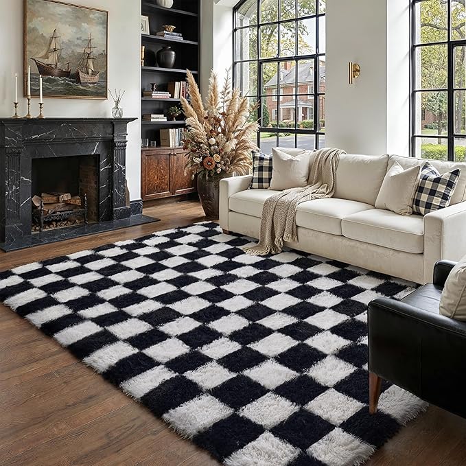 Checkered Rug 5x8 for Living Room, Black and White Modern Shag Rug Super Soft Washable Indoor Fuzzy Carpet Non-Slip Fluffy Rugs for Bedroom Home Aesthetic Decor