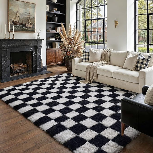 Checkered Rug 5x7 for Living Room, Black and White Modern Shag Rug Super Soft Washable Indoor Fuzzy Carpet Non-Slip Fluffy Rugs for Bedroom Home Aesthetic Decor