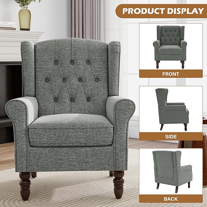 Mid-Century Modern Wingback Accent Chair - Plush Upholstered Armchair with Solid Oak Legs, Ergonomic High Back Design for Living Room, Bedroom Home Office - Stylish Retro Reading Lounge Chair, Gray