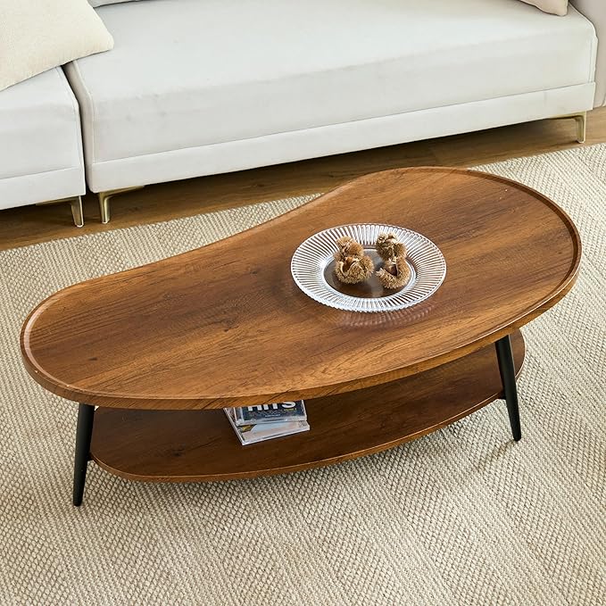 Shrine Mango-Shaped Wood Coffee Table, Mid-Century Modern Coffee Table, Brown Walnut Table for Living Room, D47.2''x W25''x H15.3'', Sleek Conical Metal Legs with Black Finish