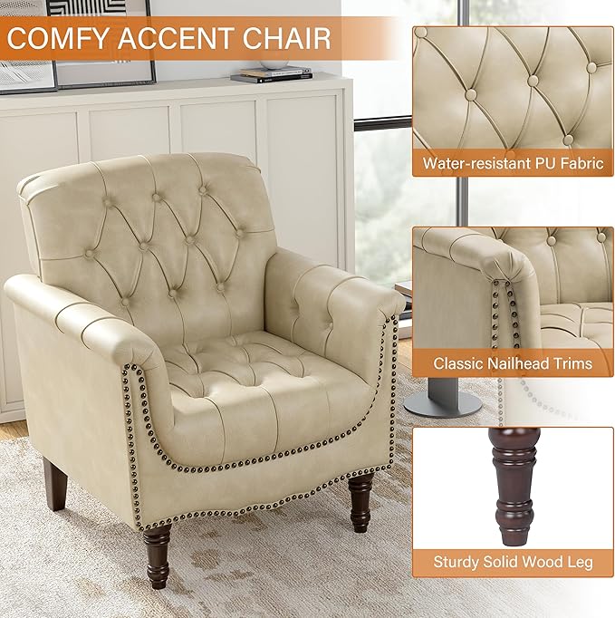 Faux Leather Club Chairs Set of 2, Retro Upholstered Armchair Accent Chair with Solid Wood Legs & Nailhead Trim for Living Room/Reading Room, Beige
