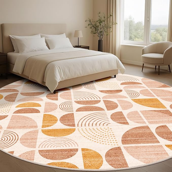 MUJOO Round Rugs 9ft,Circle Area Rug Washable,Circular Rugs for Living Room Dining Room,Large Boho Non Slip Throw Floor Carpet Modern Abstract Bohemian Orange