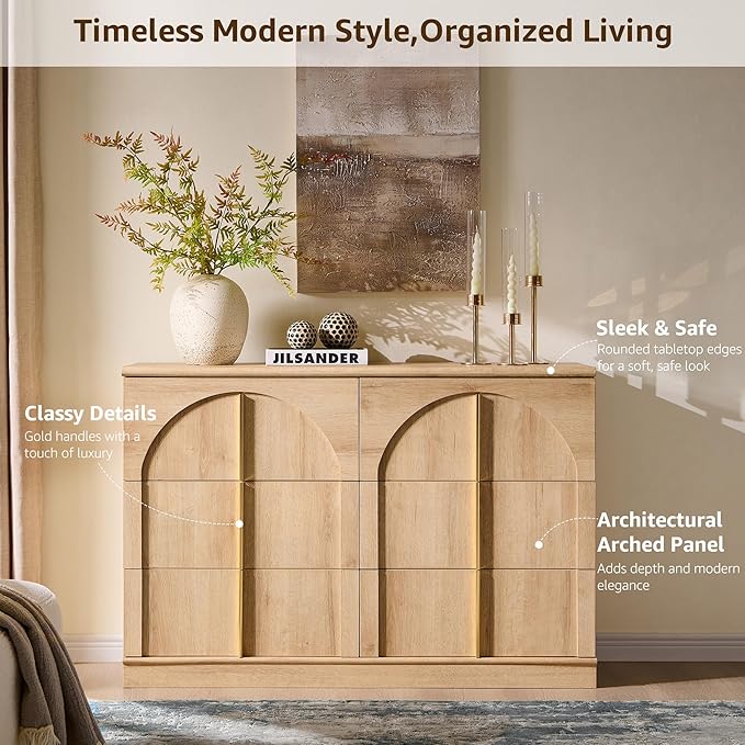 ACCOHOHO Arched Dresser for Bedroom with 6 Drawers, 47.3" Wide Modern Chest of Drawers with Rounded Edge & Metal Handles, Wood Storage Closet Dressers TV Stand for Living Room, Hallway, Oak