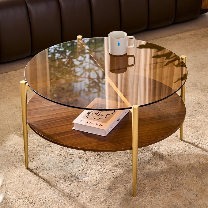 Shrine Round Glass Coffee Table, Mid-Century Modern Design, D30 x H17 in, 2-Tier Structure, Amber Glass Top and Walnut MDF Shelf, Sleek Conical Metal Legs with Gold Finish