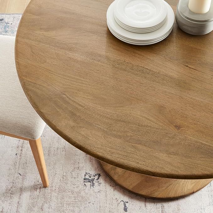 Modway Lippa 48 Inch Round Wood Dining Table in Natural – Solid Mango Wood Tabletop with Pedestal Base - Mid Century Modern Dining Room Furniture - Kitchen Table for 4-6 Person